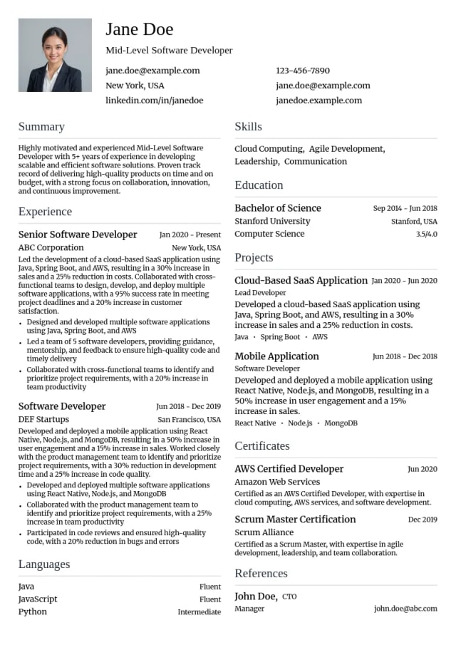 Mid-Level Software Developer resume example