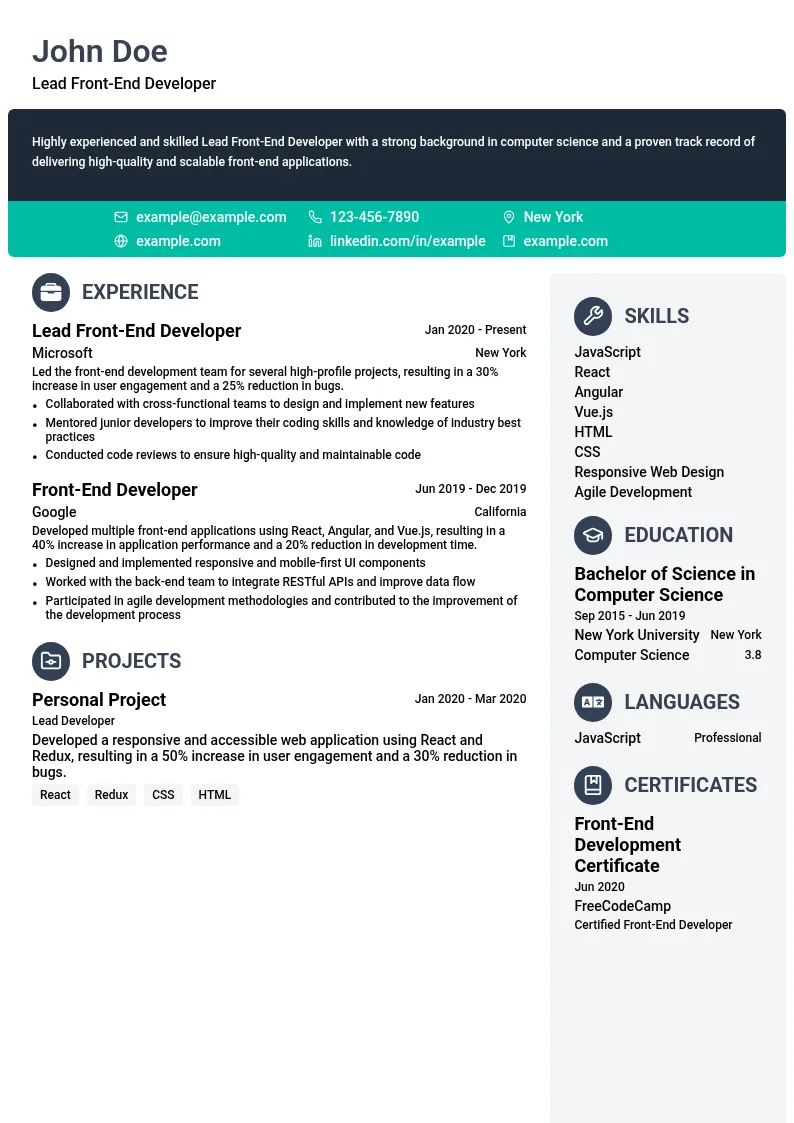 Lead Front-End Developer resume example