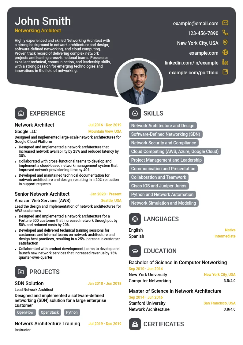 Networking Architect resume example