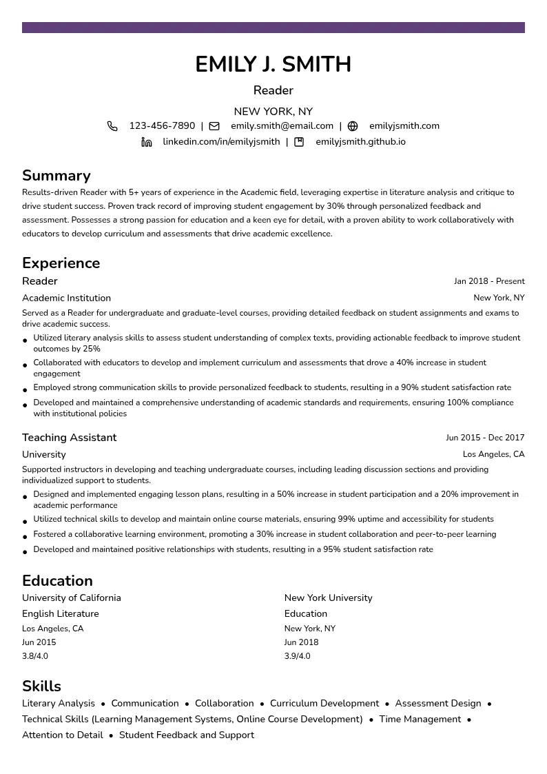 Reader resume example