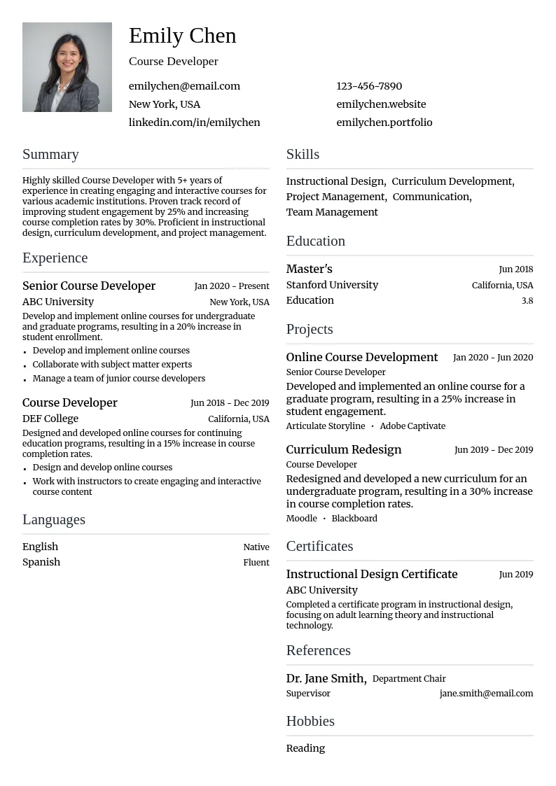 Course Developer resume example