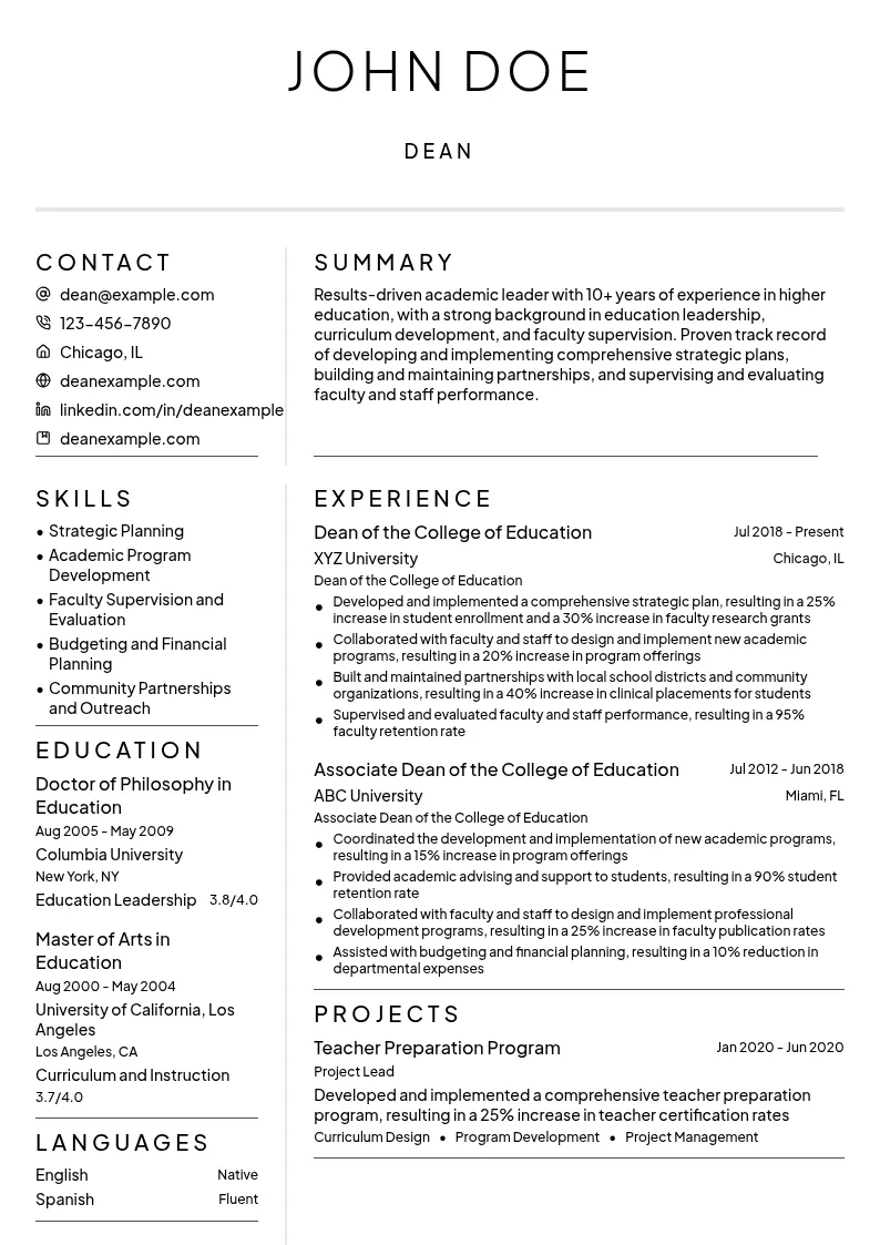Dean resume example