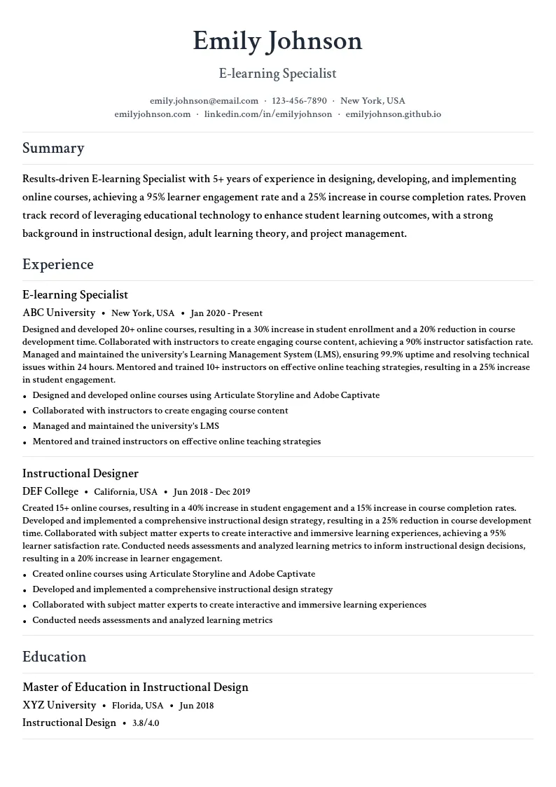 E-learning Specialist resume example