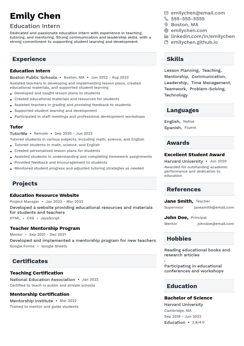 Education Intern resume example