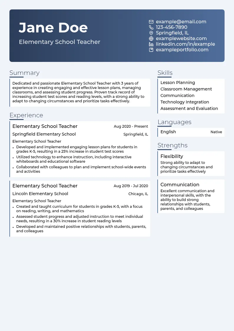 Elementary School Teacher resume example