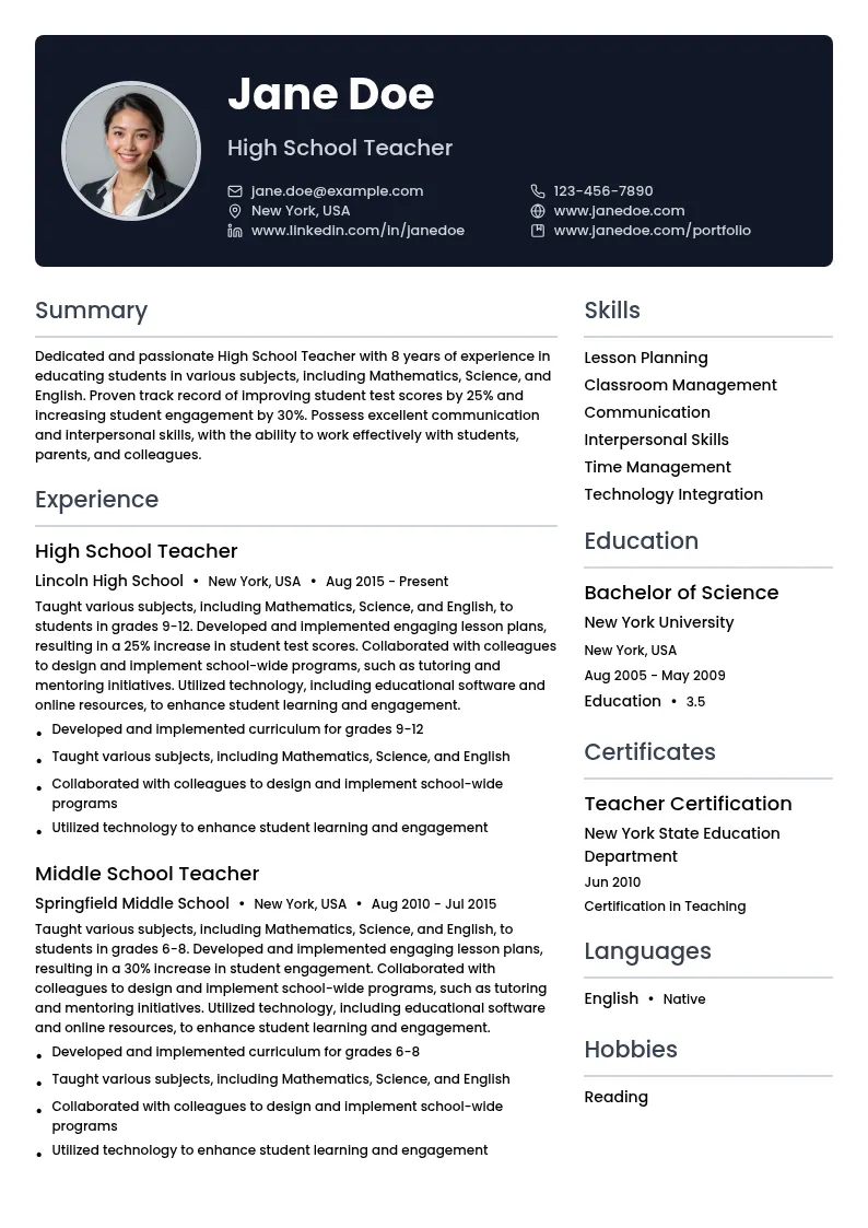 High School Teacher resume example