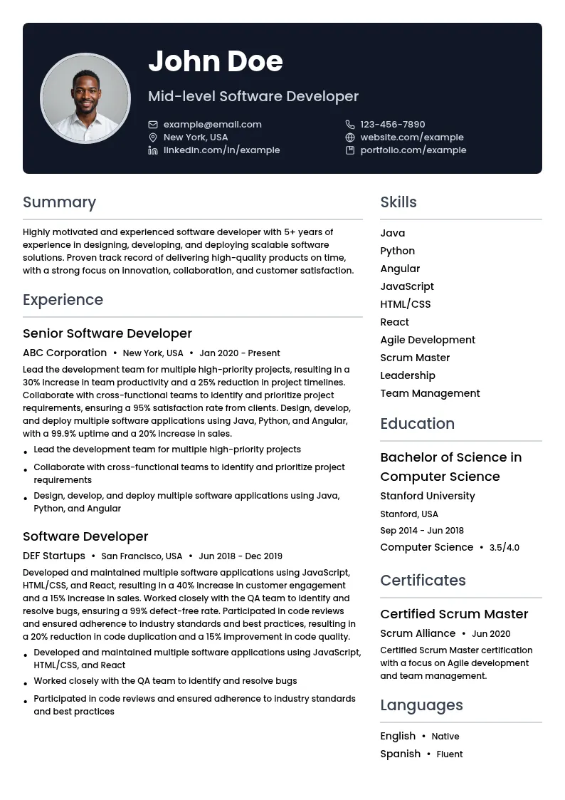 Mid-level Software Developer resume example