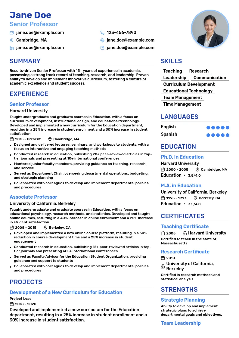 Senior Professor resume example
