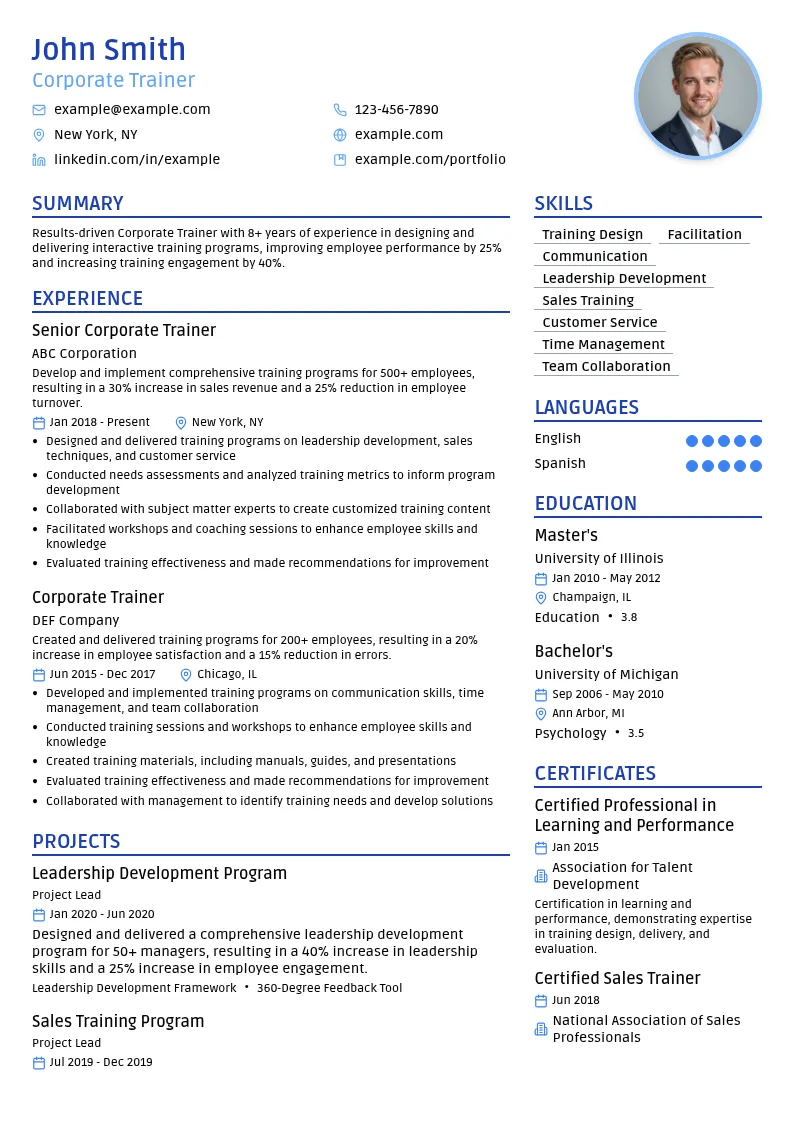 Corporate Trainer resume example