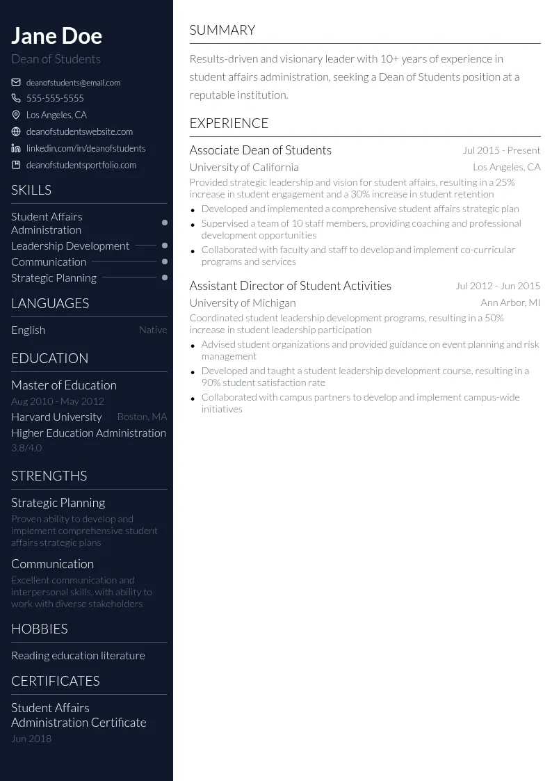 Dean of Students resume example
