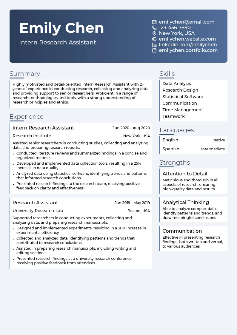 Intern Research Assistant resume example