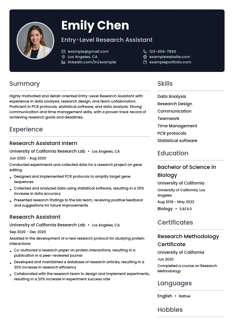 Entry-Level Research Assistant resume example
