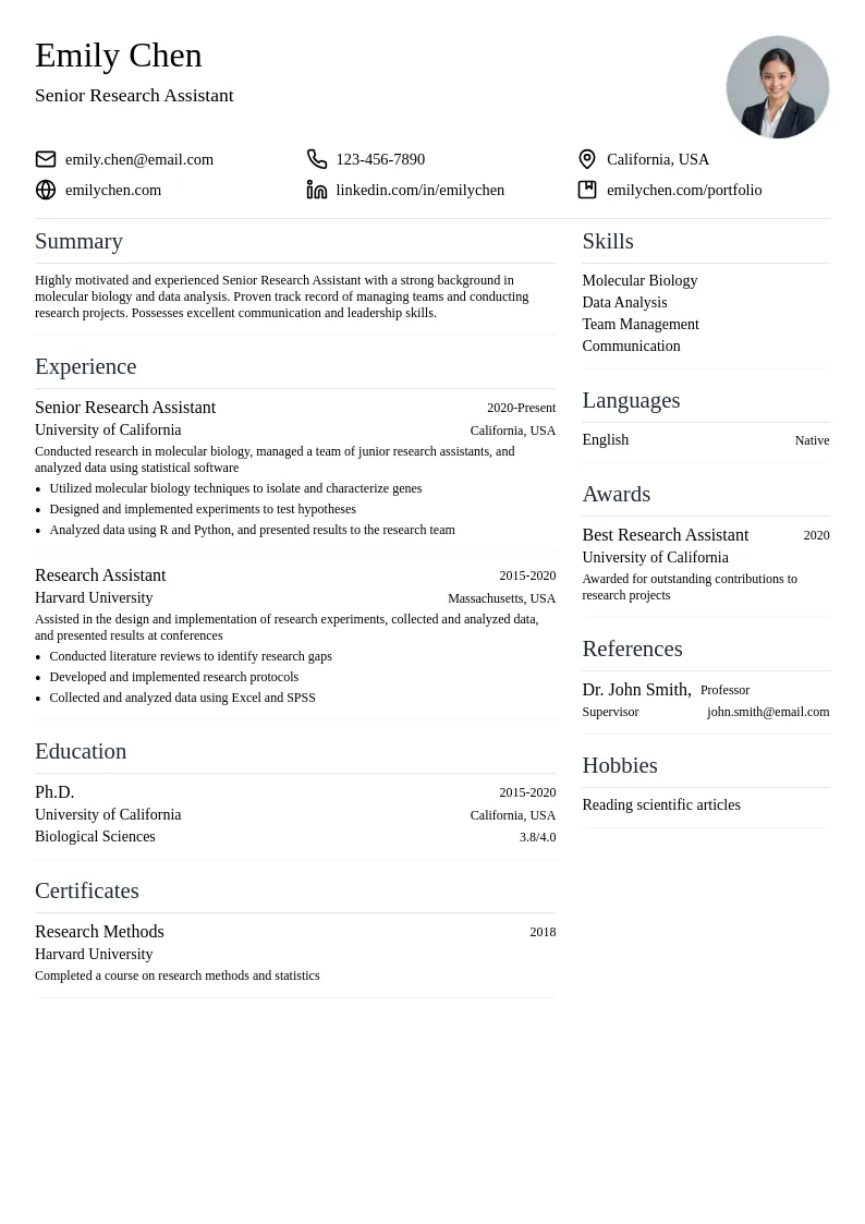 Senior Research Assistant resume example