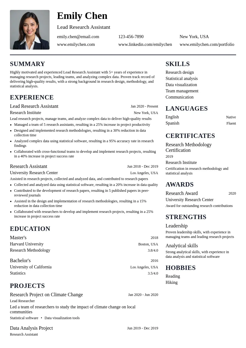 Lead Research Assistant resume example