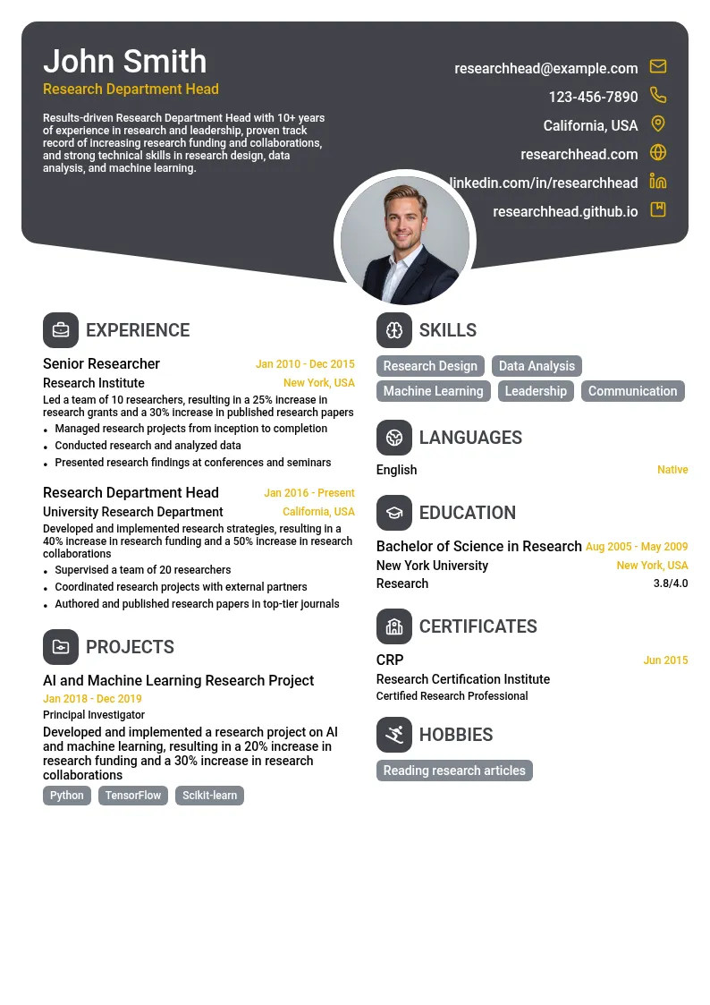 Research Department Head resume example
