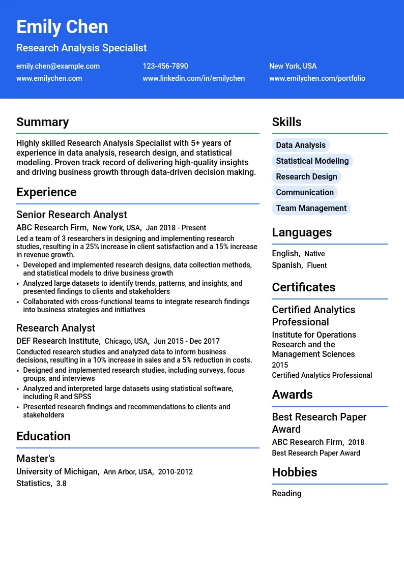 Research Analysis Specialist resume example
