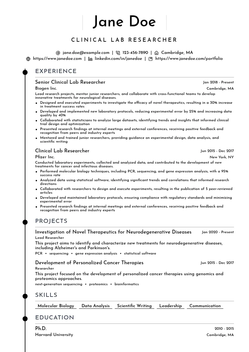 Clinical Lab Researcher resume example