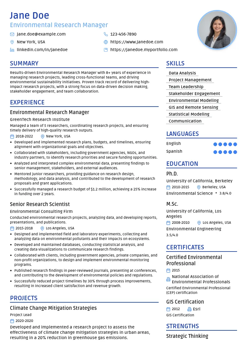 Environmental Research Manager resume example