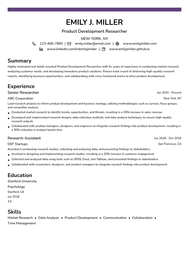 Product Development Researcher resume example