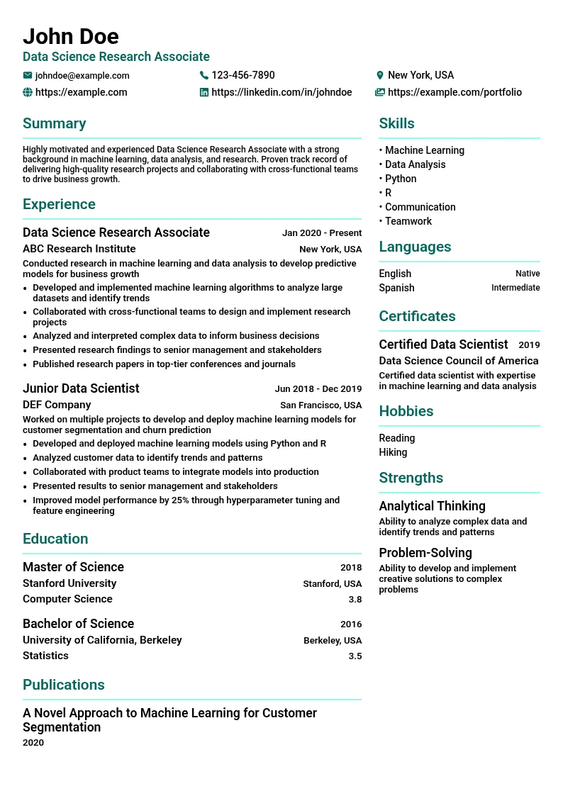 Data Science Research Associate resume example