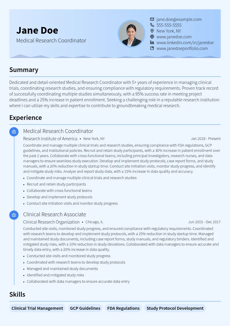 Medical Research Coordinator resume example