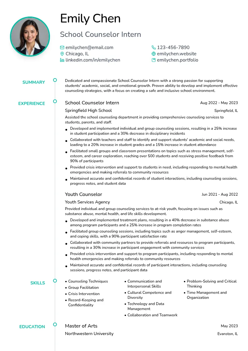 School Counselor Intern resume example