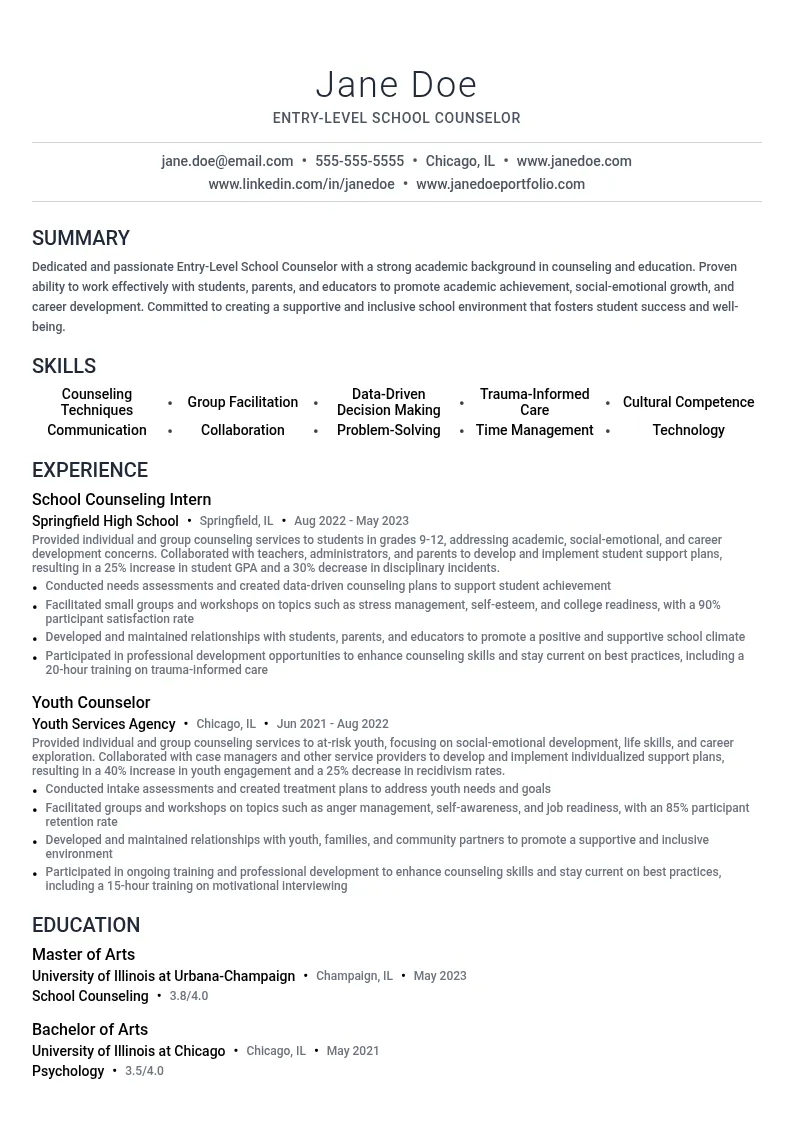 Entry-Level School Counselor resume example