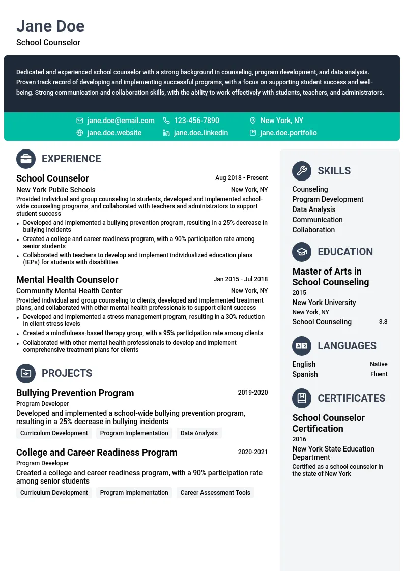 School Counselor resume example