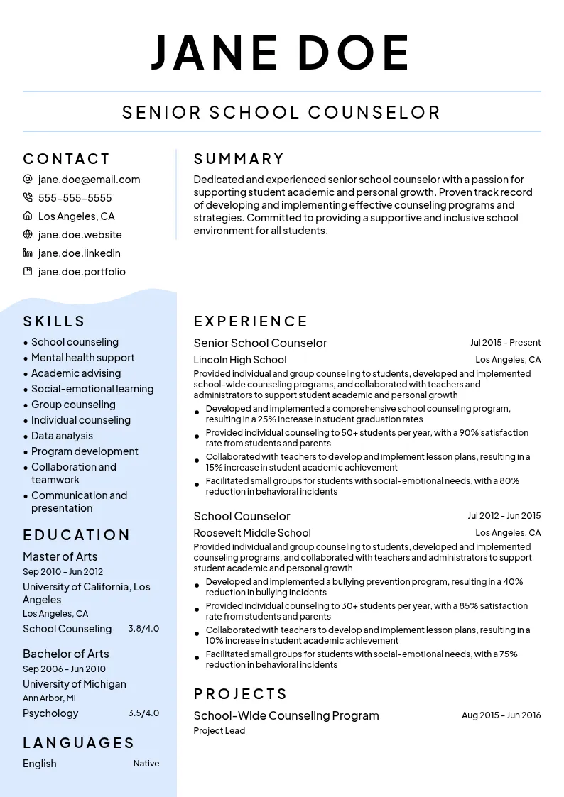 Senior School Counselor resume example