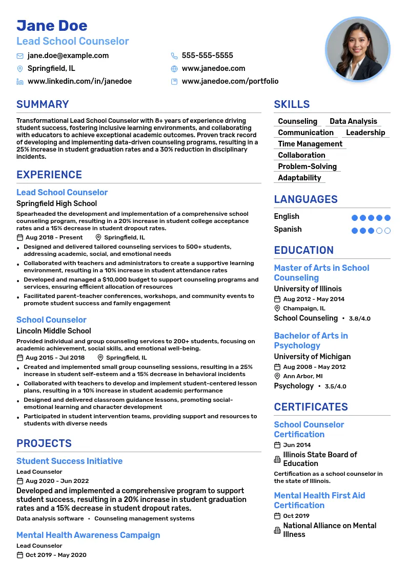 Lead School Counselor resume example