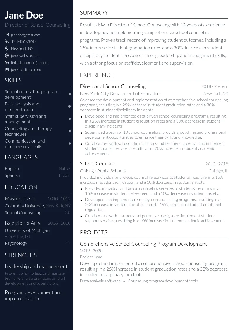 Director of School Counseling resume example