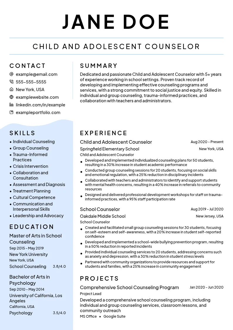Child and Adolescent Counselor resume example