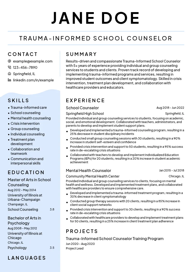 Trauma-Informed School Counselor resume example