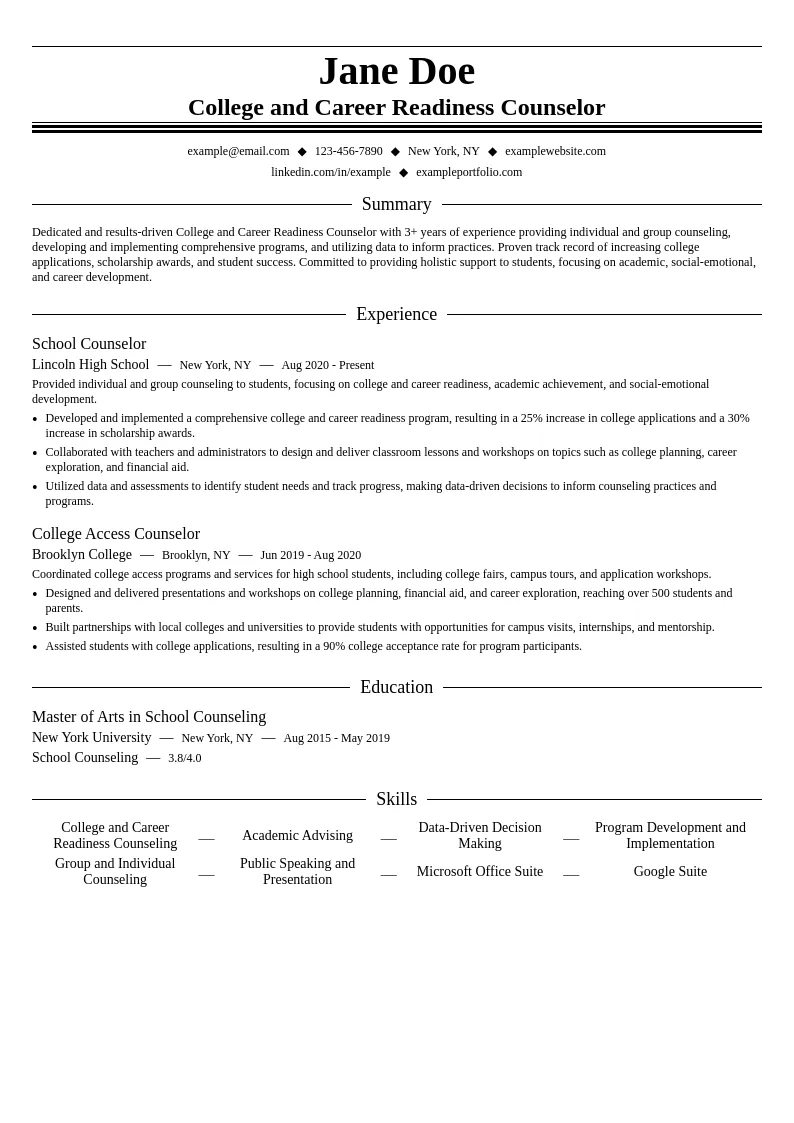 College and Career Readiness Counselor resume example