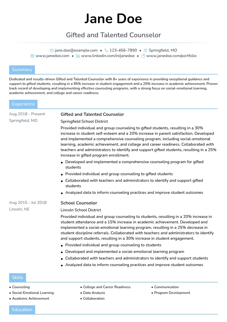 Gifted and Talented Counselor resume example