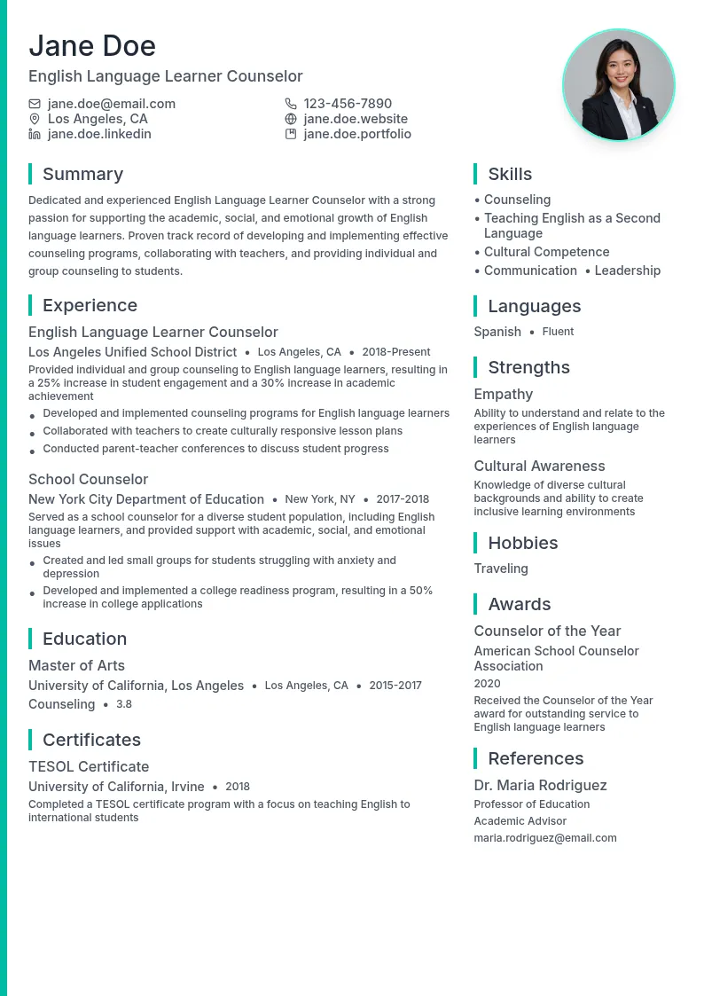 English Language Learner Counselor resume example