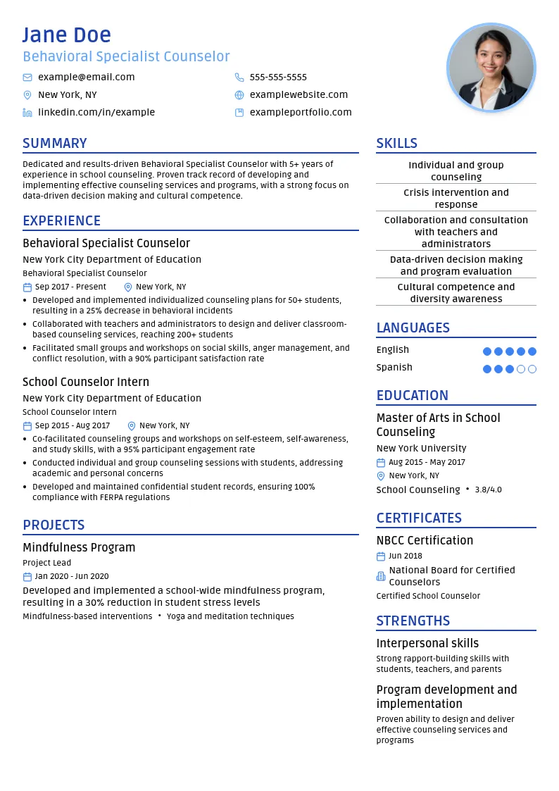 Behavioral Specialist Counselor resume example