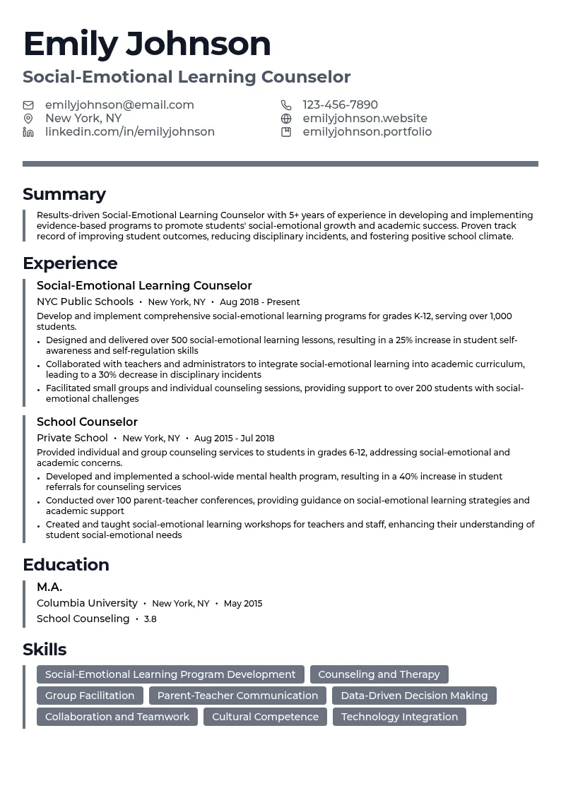 Social-Emotional Learning Counselor resume example