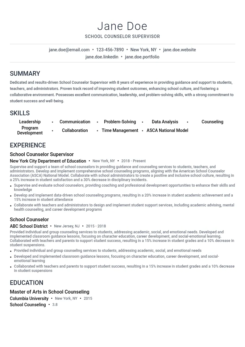 School Counselor Supervisor resume example