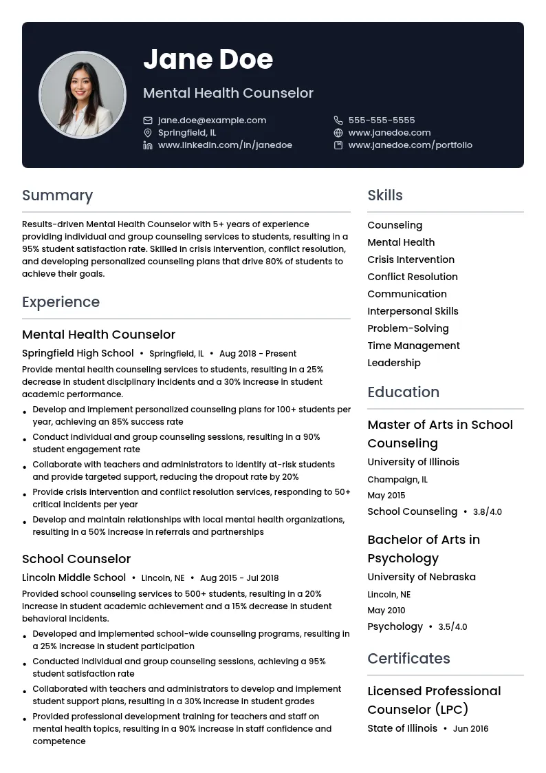 Mental Health Counselor resume example