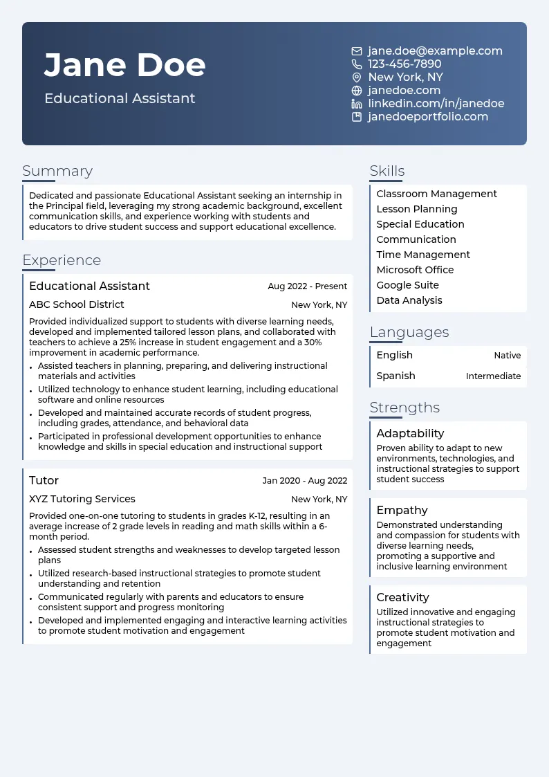[Internship] Educational Assistant resume example