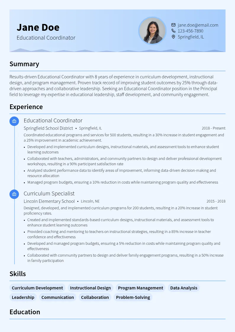 Educational Coordinator resume example