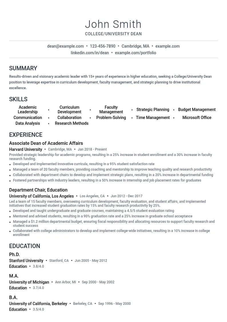 College/University Dean resume example