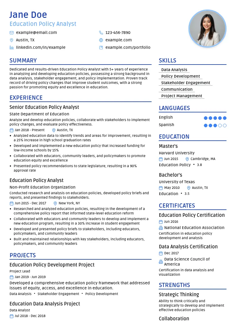 Education Policy Analyst resume example