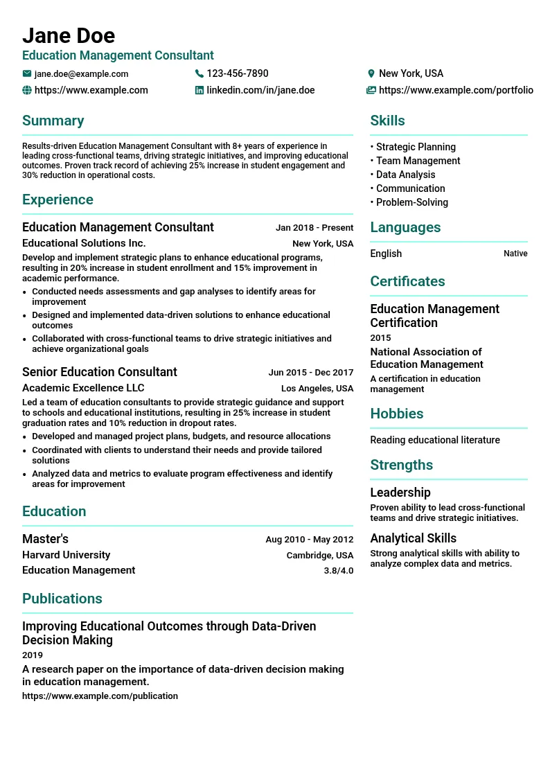 Education Management Consultant resume example