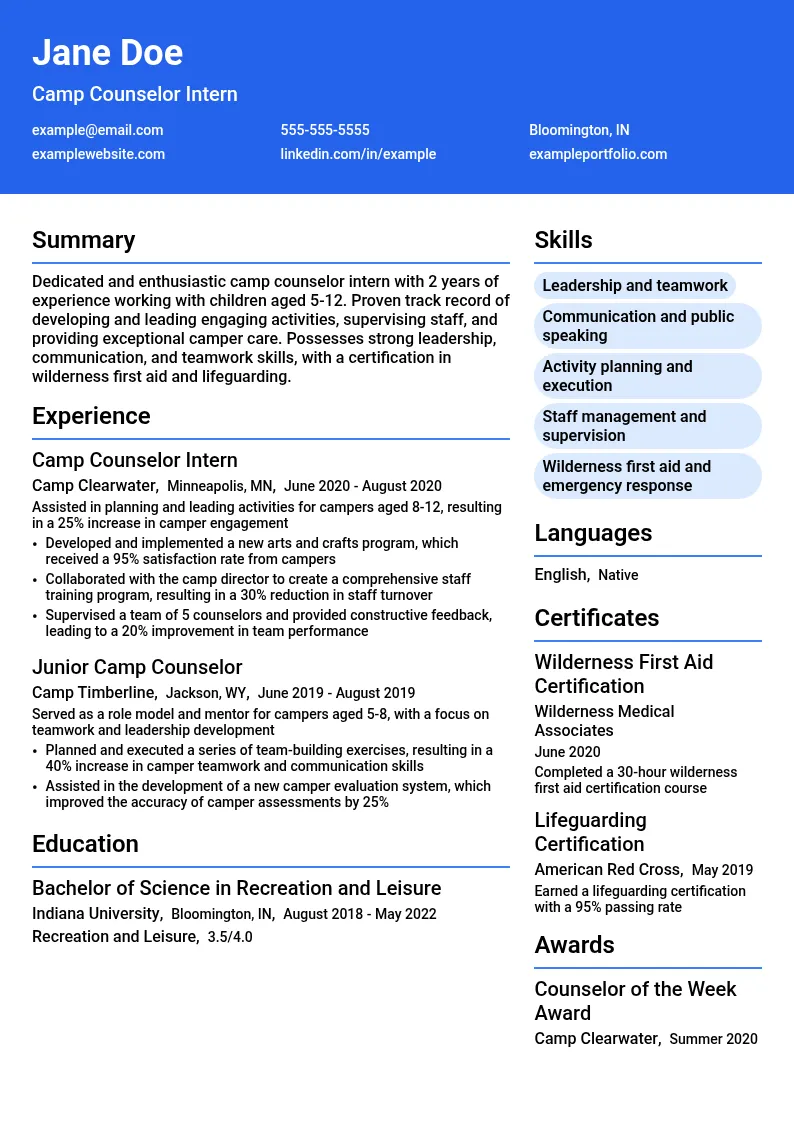 Camp Counselor Intern resume example