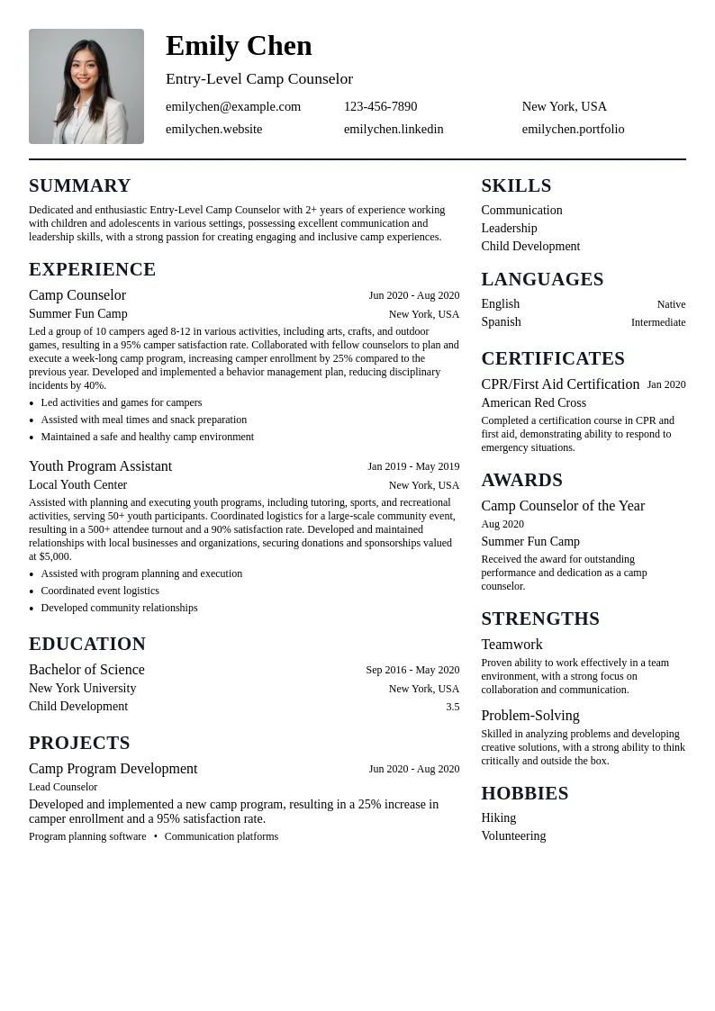 Entry-Level Camp Counselor resume example