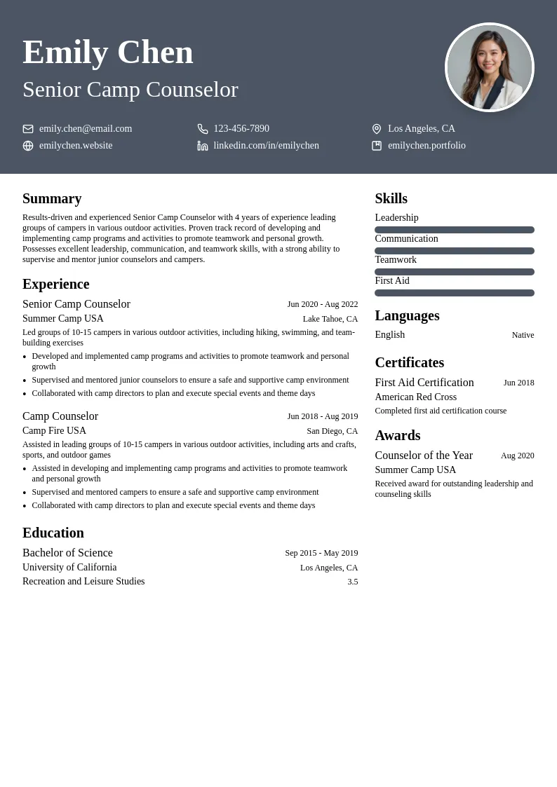 Senior Camp Counselor resume example