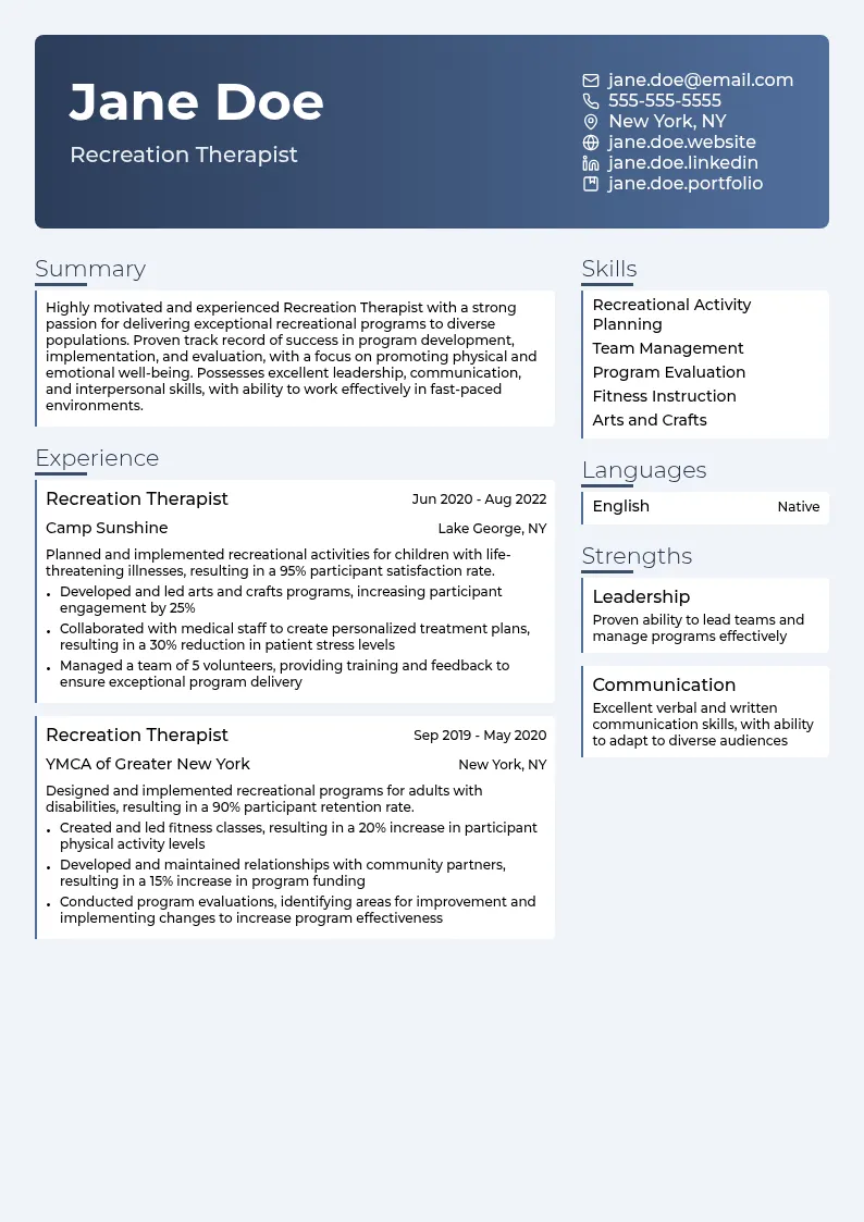Recreation Therapist resume example