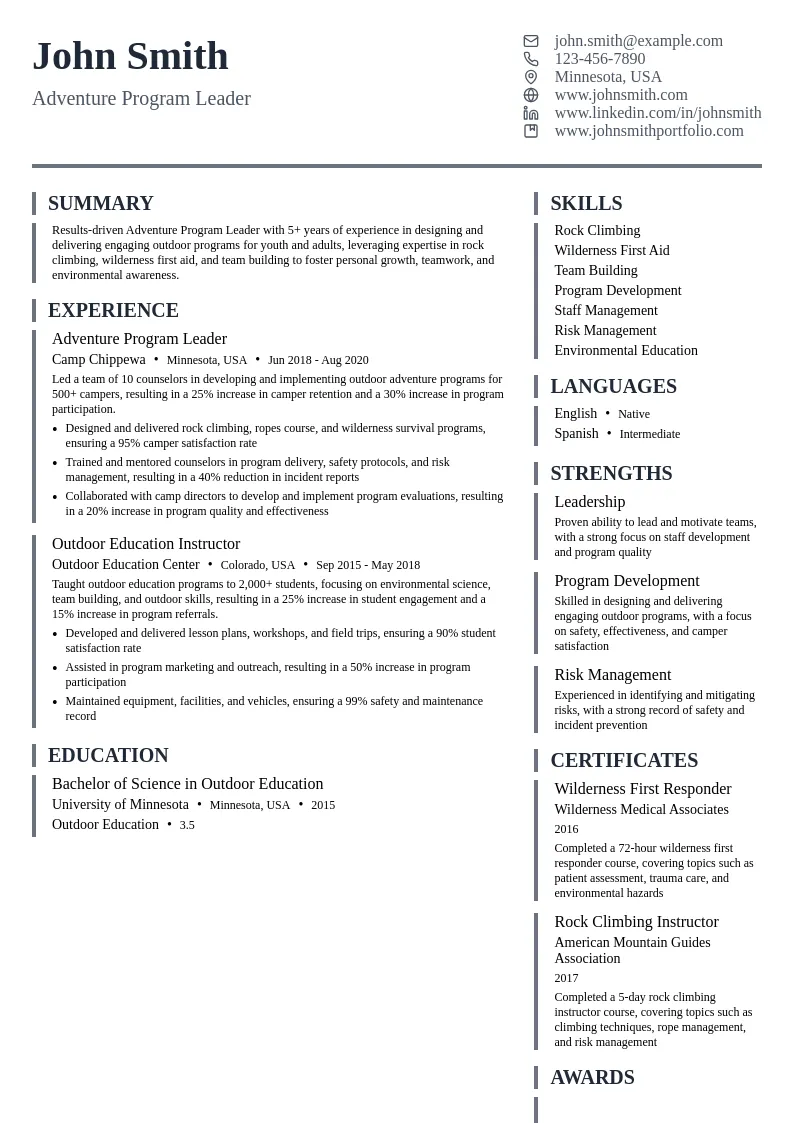 Adventure Program Leader resume example